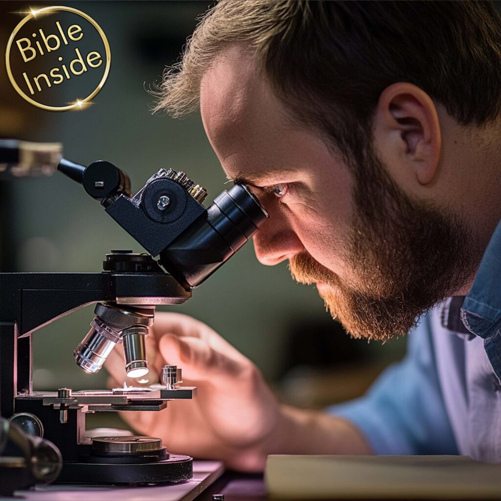 Nano Bible Craftsman Examining Sacred Text Under Microscope With Bible Inside